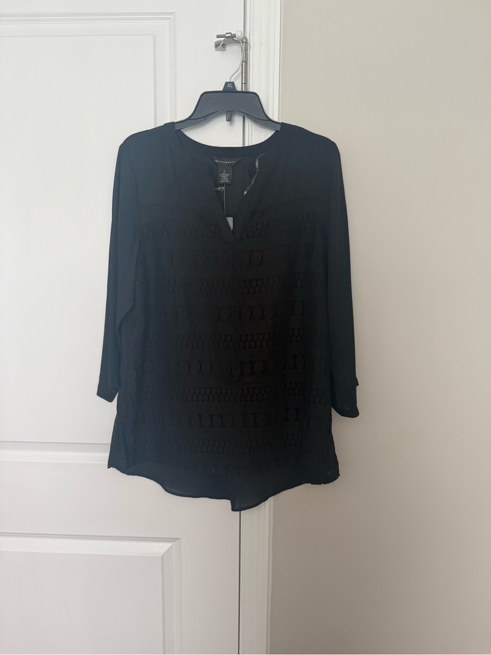 Investments Black Crochet-Front Split V-Neck Blouse